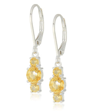 Three Stone Leverback Dangle With Austrian Crystals - Citrine in 18K White Gold Plated