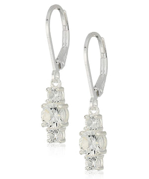 Three Stone Leverback Dangle With Swarovski Crystals - Clear in 18K White Gold Plated