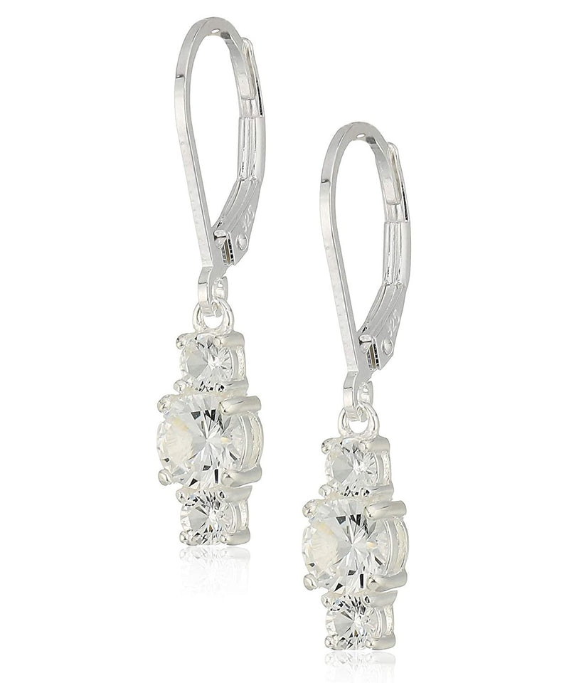 Three Stone Leverback Dangle With Austrian Crystals - Clear in 18K White Gold Plated