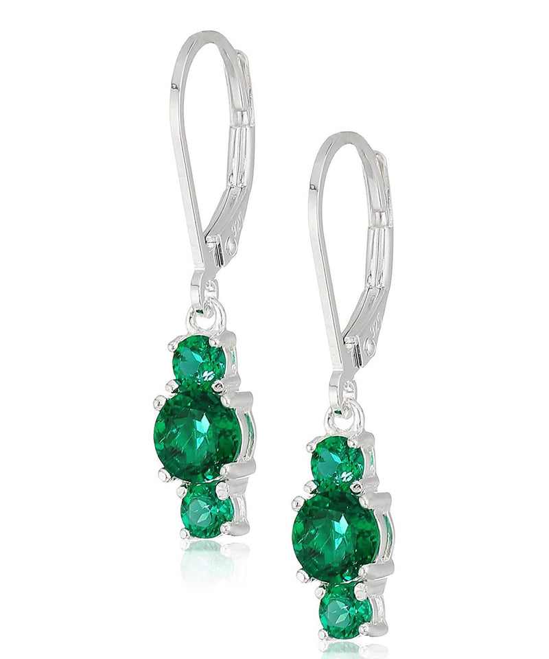 Three Stone Leverback Dangle With Austrian Crystals - Emerald in 18K White Gold Plated
