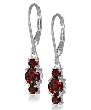 Three Stone Leverback Dangle With Austrian Crystals - Garnet in 18K White Gold Plated