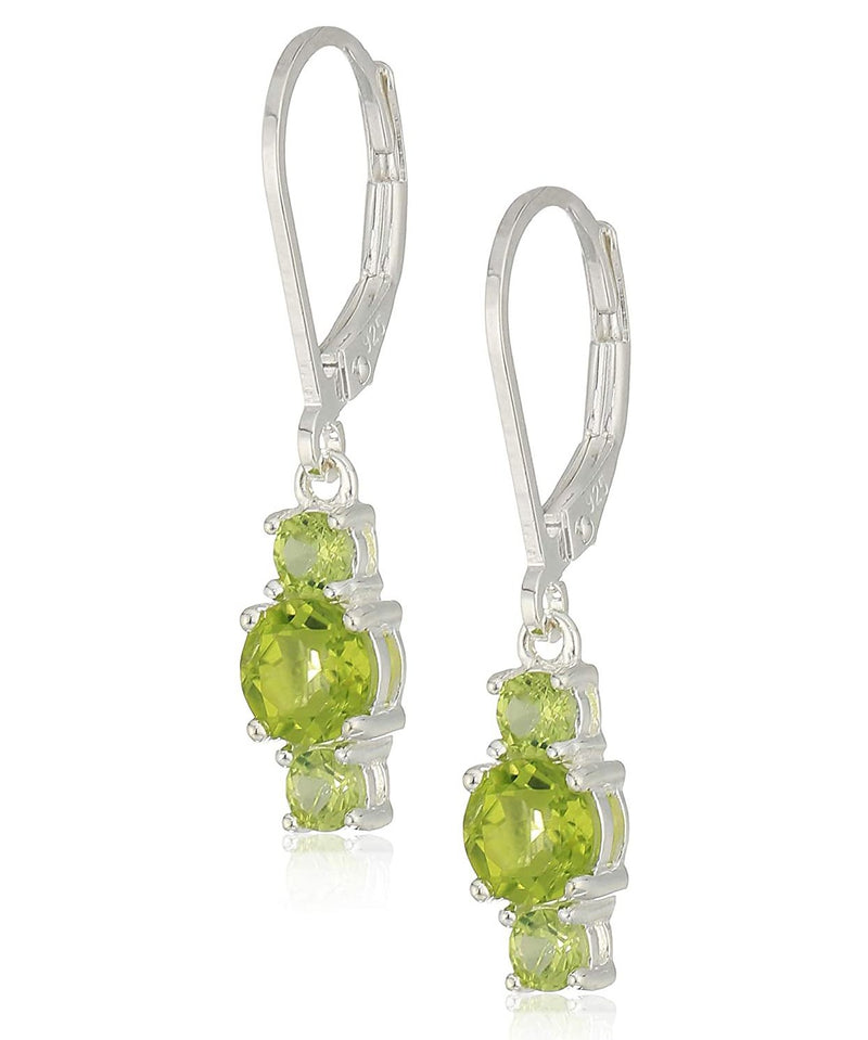 Three Stone Leverback Dangle With Austrian Crystals - Peridot in 18K White Gold Plated