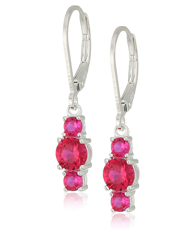 Three Stone Leverback Dangle With Austrian Crystals - Ruby in 18K White Gold Plated