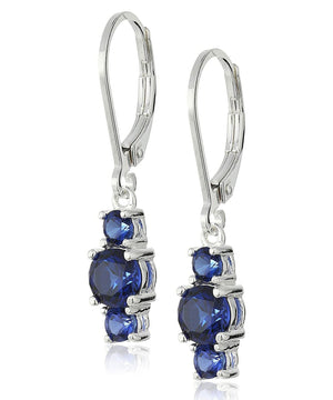 Three Stone Leverback Dangle With Austrian Crystals - Sapphire in 18K White Gold Plated