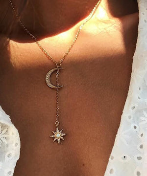 Moon and Star Necklace With Austrian Crystals in 18K Gold Plated