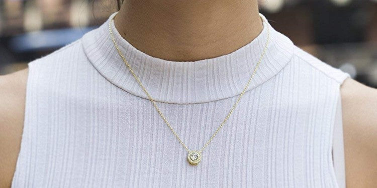 Micro-Pav'e Round Halo Necklace Made with Swarovski Elements in 18K Gold Plated