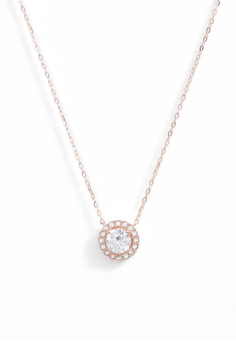 Pave Halo Disc Necklace & Stud Earring With Swarovski Crystals with Luxe Box - 18K Rose Gold