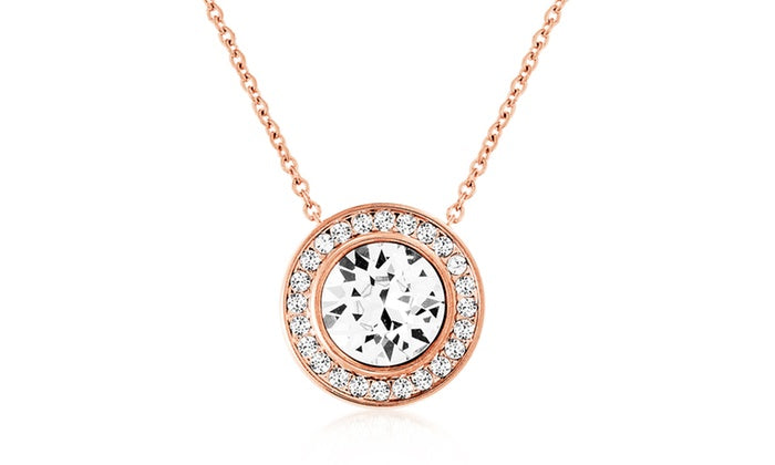 Pave Halo Disc Necklace & Stud Earring With Swarovski Crystals with Luxe Box - 18K Rose Gold