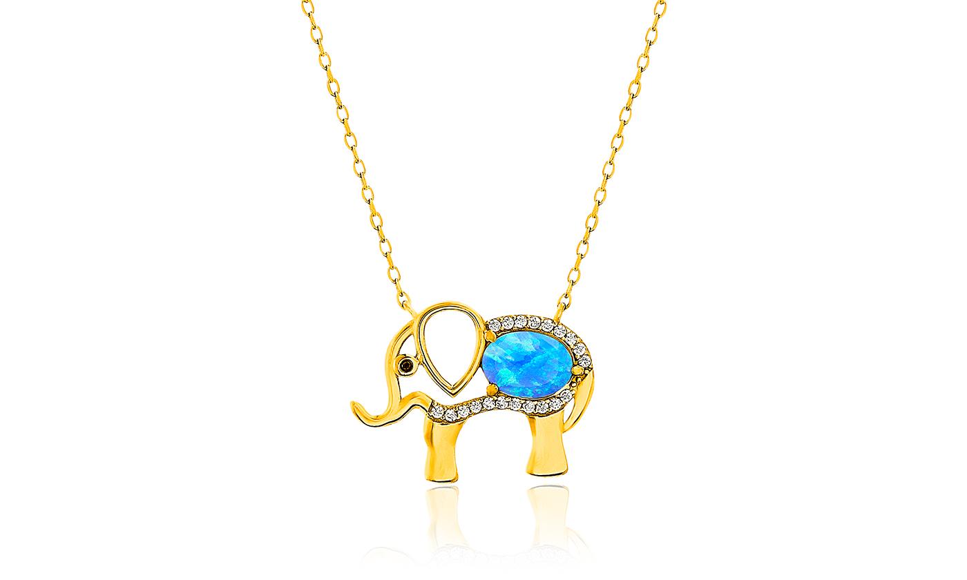 Opal Created Elephant Necklace with Swarovski Crystals 18" - Gold