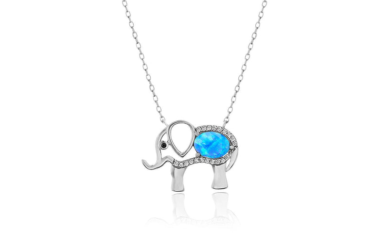 Opal Created Elephant Necklace with Austrian Crystals 18" - White Gold