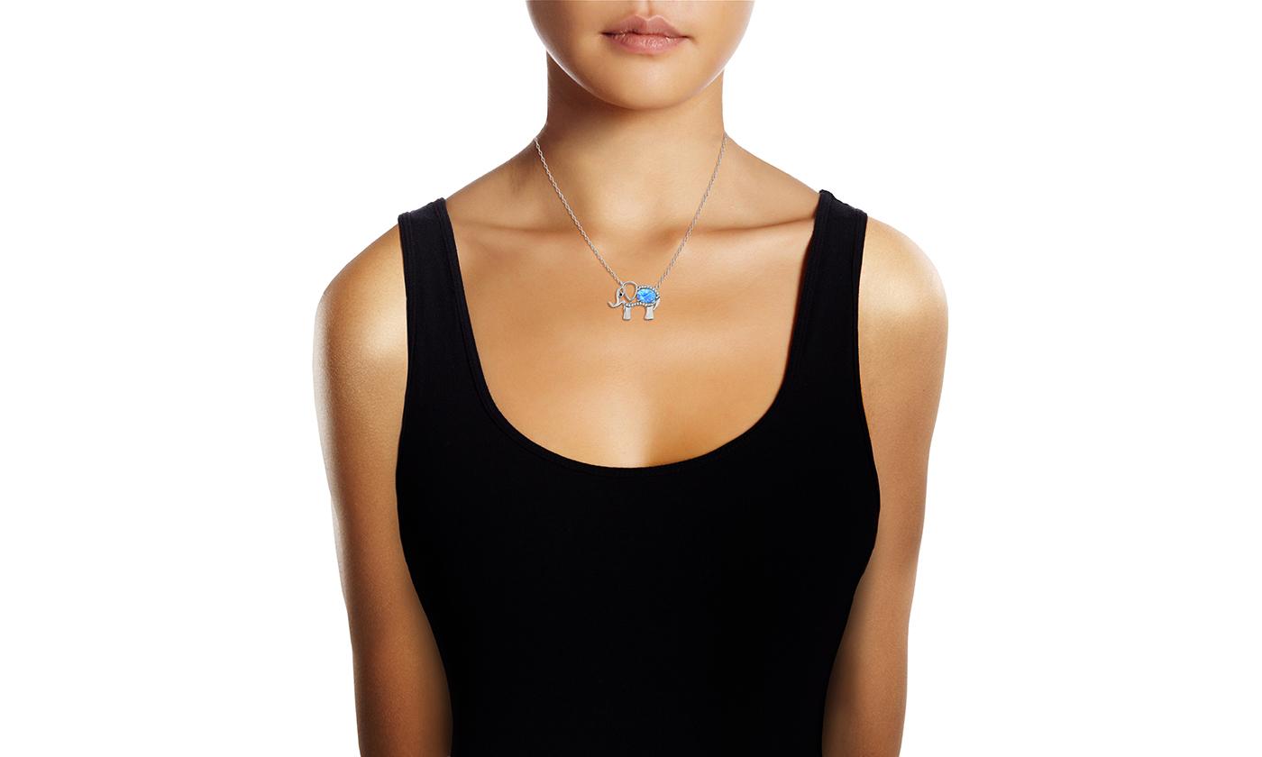 Opal Created Elephant Necklace with Swarovski Crystals 18" - White Gold