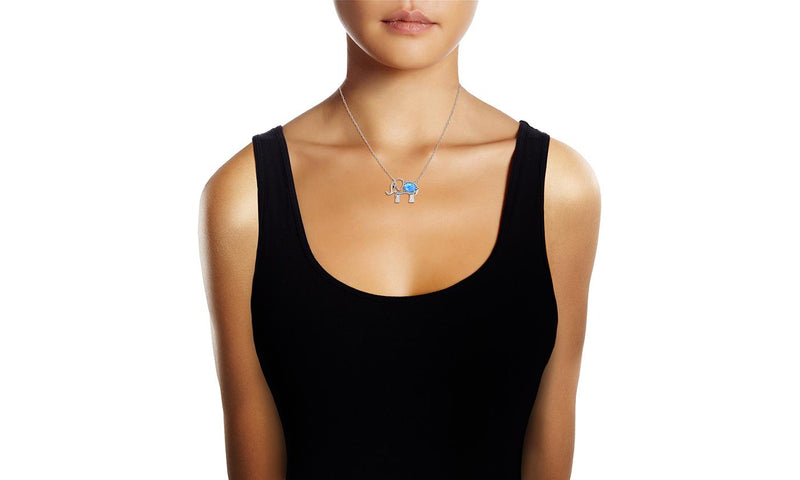 Opal Created Elephant Necklace with Swarovski Crystals 18" - White Gold