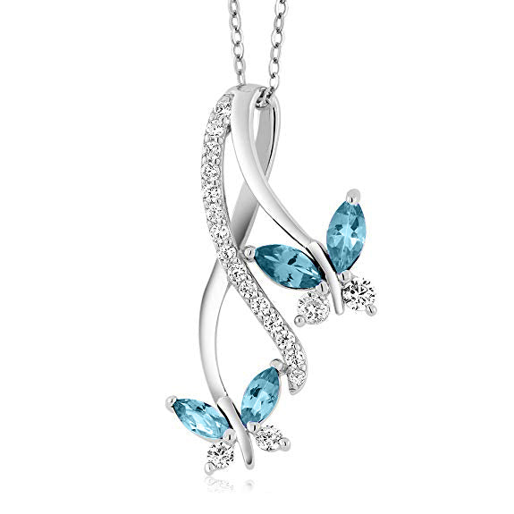 Mother and Child Butterfly Blue Topaz Necklace in 18K White Gold Plated