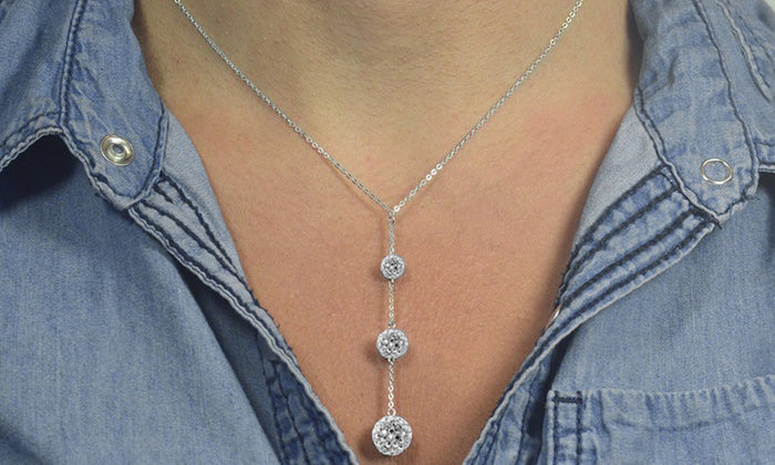 Tripple Embellished with Austrian Crystals Ball Drop Necklace in 18K White Gold Plated