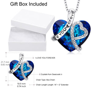 I LOVE YOU FOREVER Blue Austrian Crystal Heart Necklace & Gift Box in 18K White Gold Plated