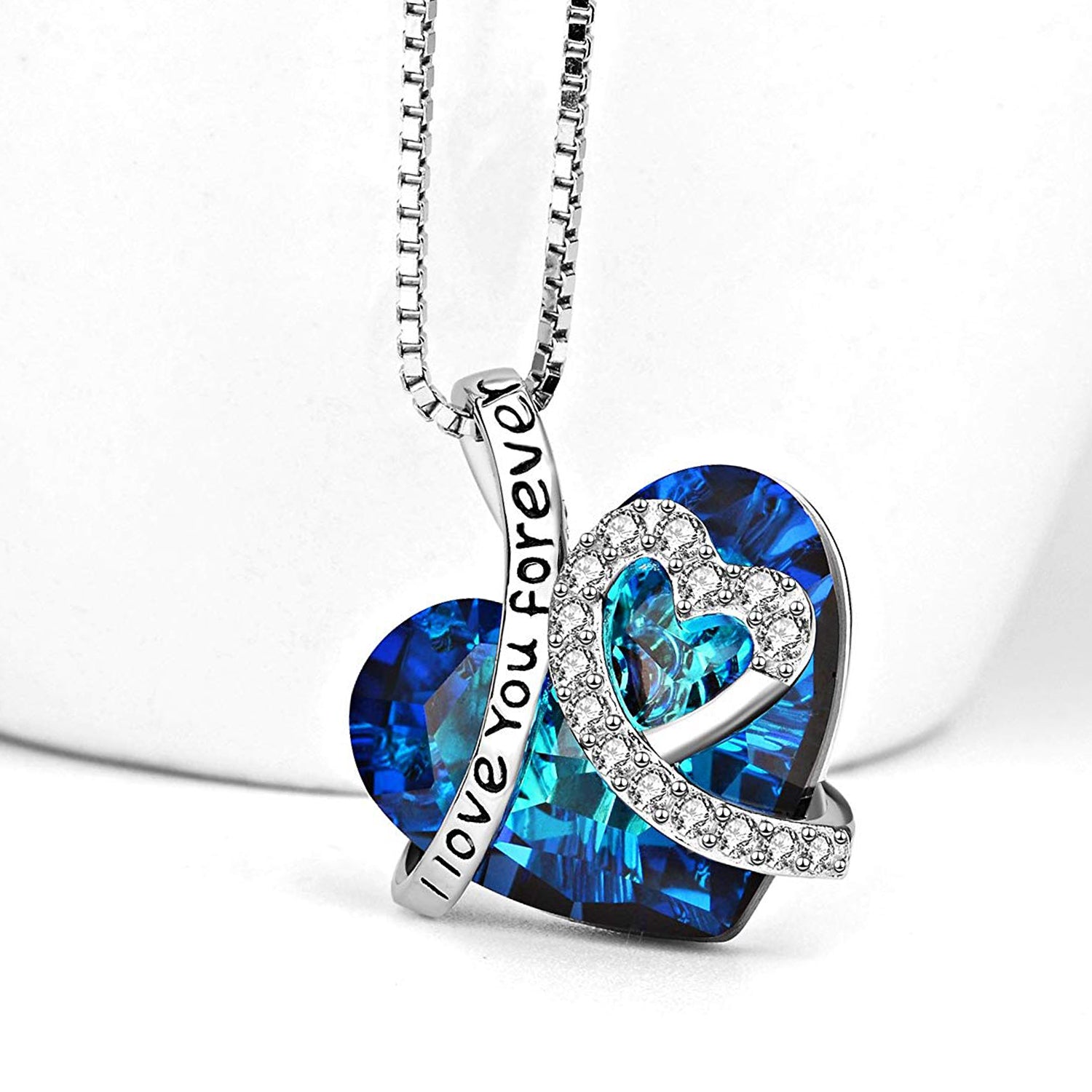 I LOVE YOU FOREVER Blue Swarovski Crystal Heart Necklace & Gift Box in 18K White Gold Plated