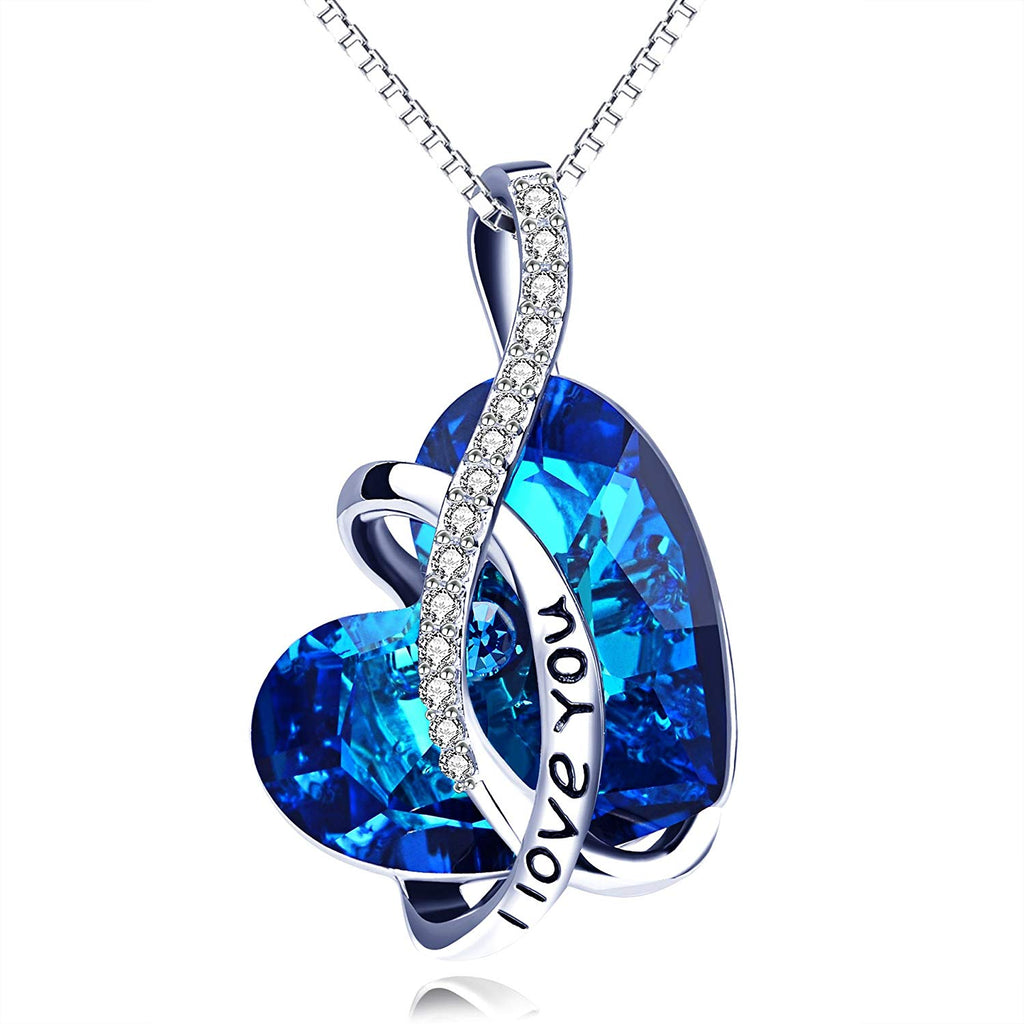 I LOVE YOU Blue Austrian Crystal Heart Necklace in 18K White Gold Plated