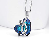 I LOVE YOU Blue Swarovski Crystal Heart Necklace in 18K White Gold Plated