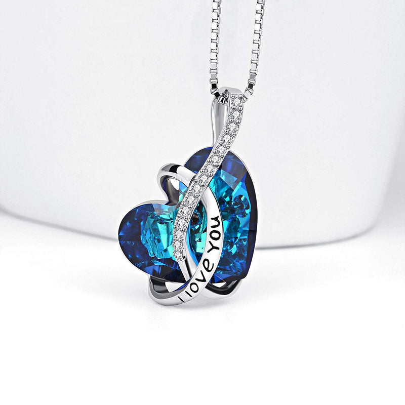 I LOVE YOU Blue Swarovski Crystal Heart Necklace in 18K White Gold Plated