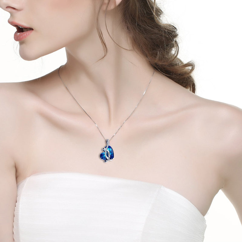 I LOVE YOU Blue Swarovski Crystal Heart Necklace in 18K White Gold Plated