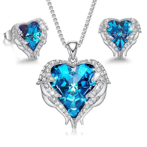 Wings of an Angel Heart Blue Topaz Necklace and Earring Set