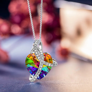 Rainbow Aurora Borealis Austrian Elements Heart Necklace in 18K White Gold
