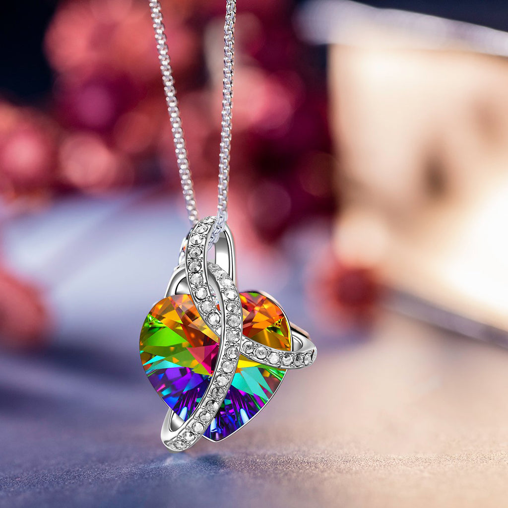 Rainbow Aurora Borealis Austrian Elements Heart Necklace in 18K White Gold Plated