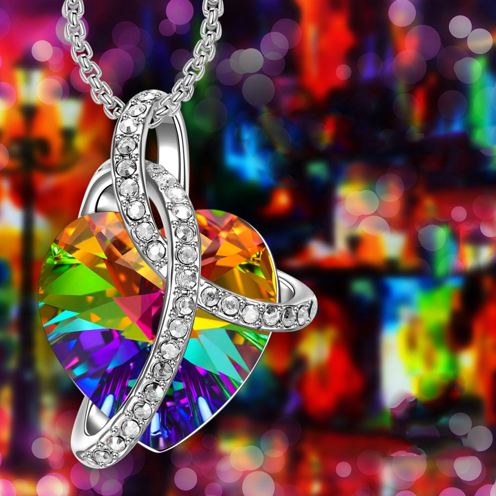 Rainbow Aurora Borealis Austrian Elements Heart Necklace in 18K White Gold Plated