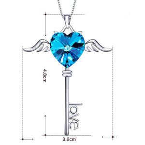 Heart Shaped Blue Austrian Elements Dangling Key Necklace in 14K White Gold