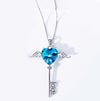 Heart Shaped Blue Austrian Elements Dangling Key Necklace in 14K White Gold