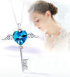 Heart Shaped Blue Austrian Elements Dangling Key Necklace in 14K White Gold