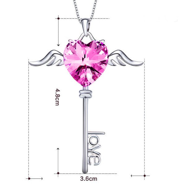 Heart Shaped Pink Austrian Elements Dangling Key Necklace in 14K White Gold