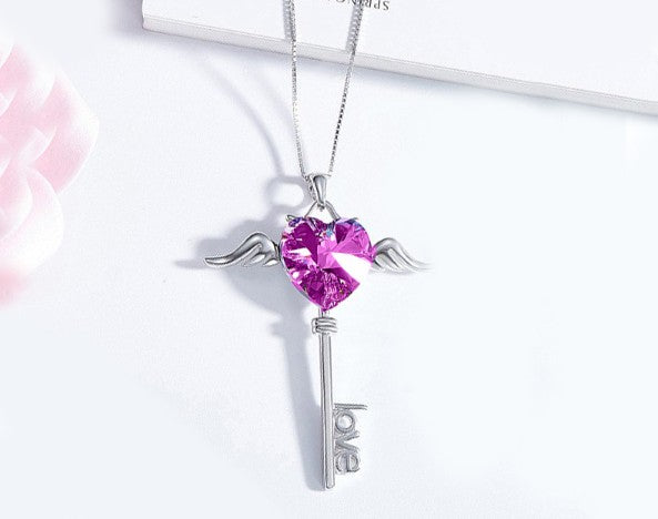 Heart Shaped Pink Austrian Elements Dangling Key Necklace in 14K White Gold