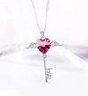 Heart Shaped Pink Austrian Elements Dangling Key Necklace in 14K White Gold