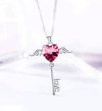 Heart Shaped Pink Austrian Elements Dangling Key Necklace in 14K White Gold