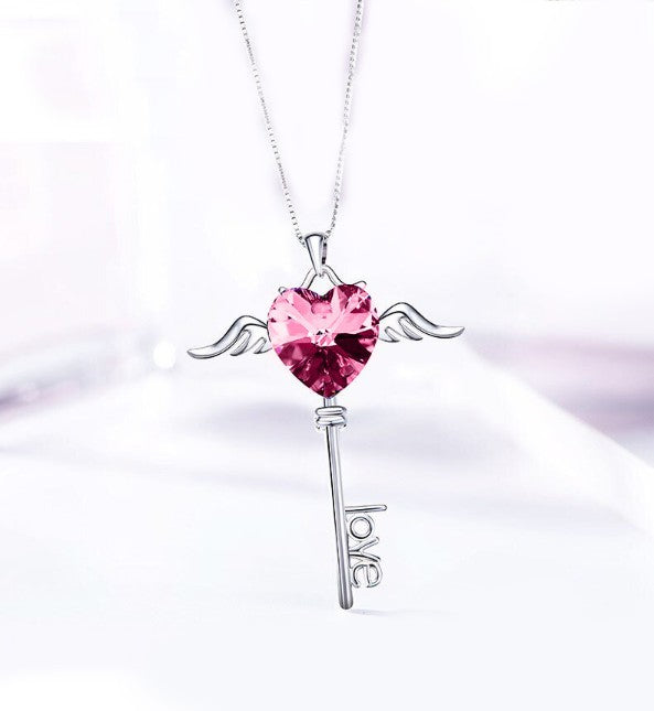 Heart Shaped Pink Austrian Elements Dangling Key Necklace in 14K White Gold
