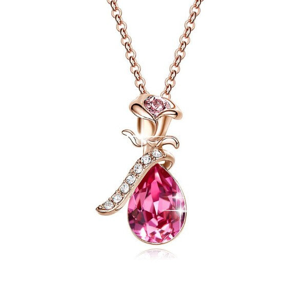 Pink Austrian Elements Teardrop Pear Cut Pav'e Floral Necklace in 14K Rose Gold