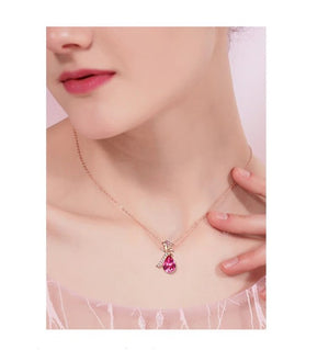 Pink Austrian Elements Teardrop Pear Cut Pav'e Floral Necklace in 14K Rose Gold