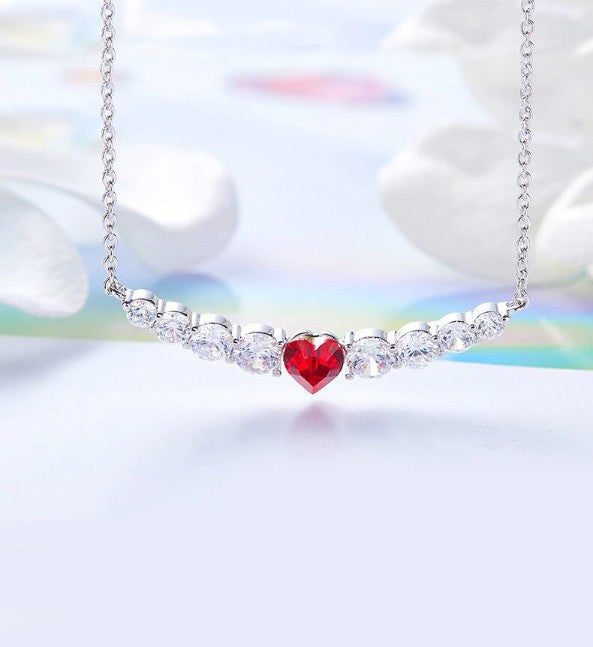 Red Heart Shaped Austrian Elements Orchid Pav'e Necklace in 14K White Gold