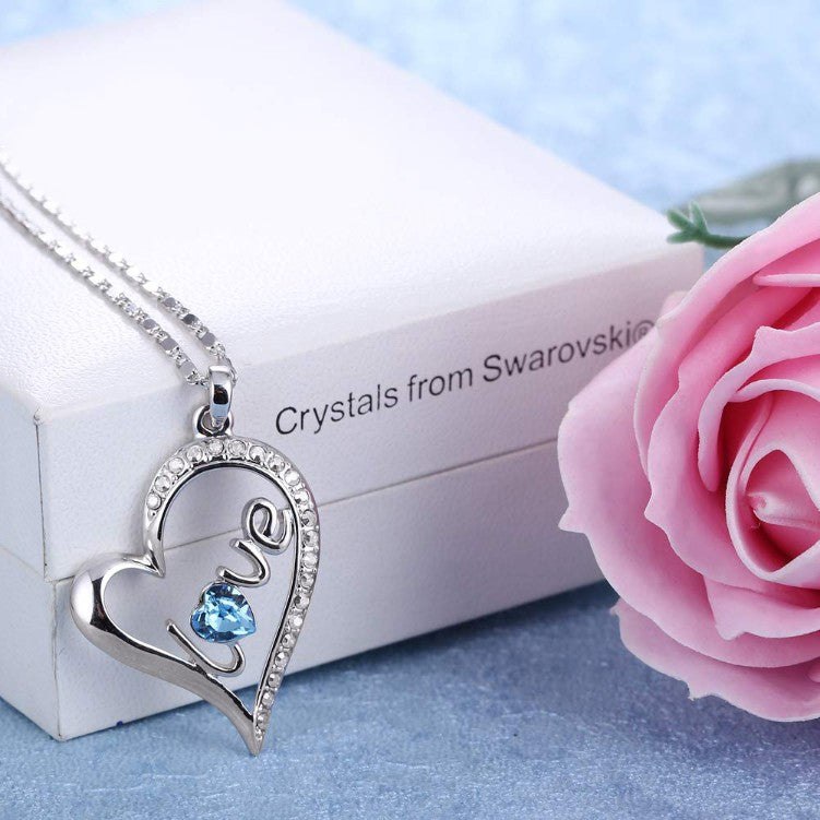 Blue Austrian Elements Pav'e Heart Shaped Necklace in 14K White Gold + Gift Box