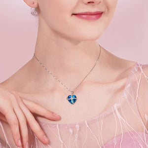 Bermuda Blue Austrian Sleek Heart Pav'e Lining Necklace in 14K White Gold