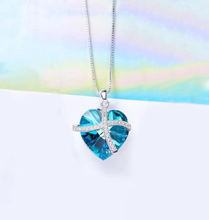 Bermuda Blue Austrian Sleek Heart Pav'e Lining Necklace in 14K White Gold