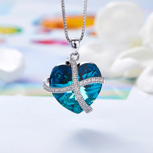 Bermuda Blue Austrian Sleek Heart Pav'e Lining Necklace in 14K White Gold