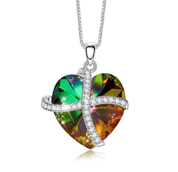 Rainbow Austrian Sleek Heart Pav'e Lining Necklace in 14K White Gold