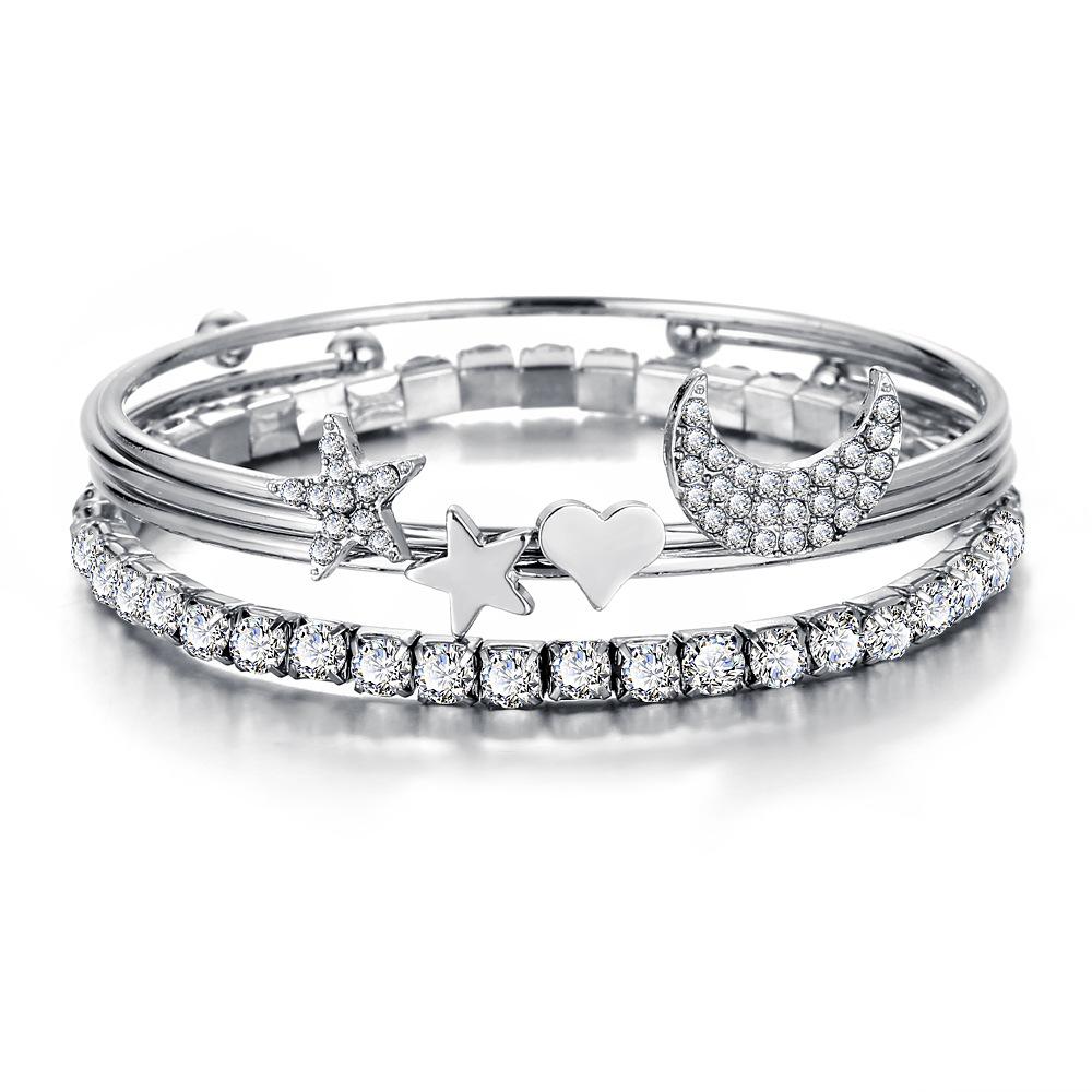 4 Piece Celestial Bangle Set With  Crystals 18K White Gold Plated Bracelet