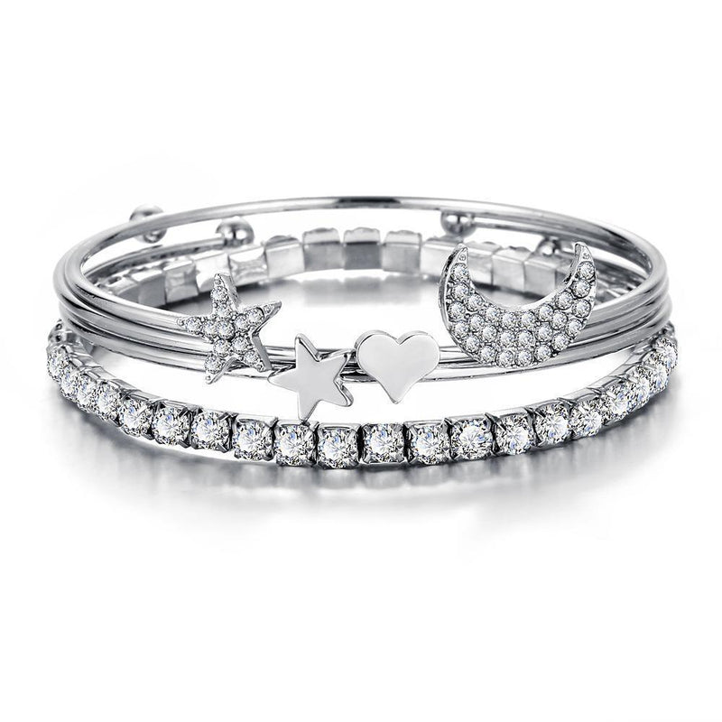 4 Piece Celestial Bangle Set With Austrian Crystals 18K White Gold Plated Bracelet