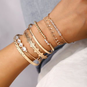 7 Piece Geometric Bangle Set With Gemstone  Crystals 18K Gold Plated Bracelet