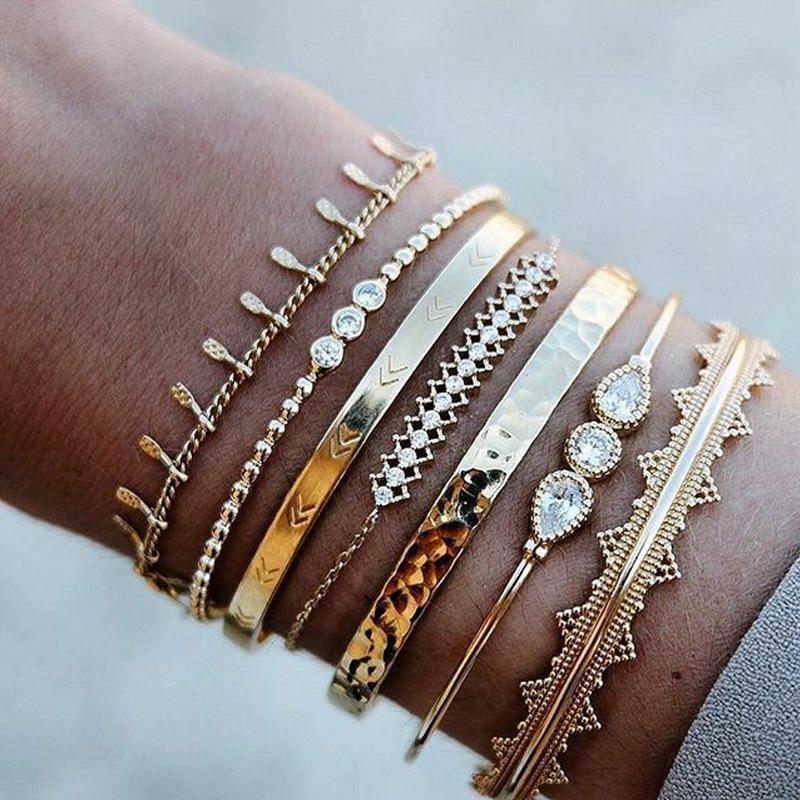 7 Piece Geometric Bangle Set With Gemstone  Crystals 18K Gold Plated Bracelet