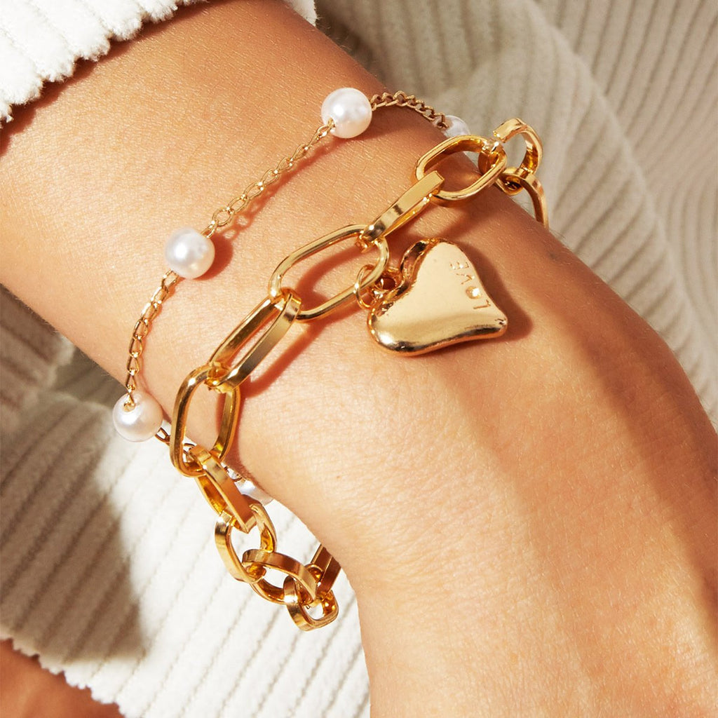 2 Piece Heart and Pearl Bracelet Set 18K Gold Plated Bracelet