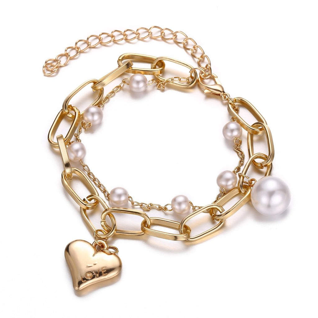 2 Piece Heart and Pearl Bracelet Set 18K Gold Plated Bracelet